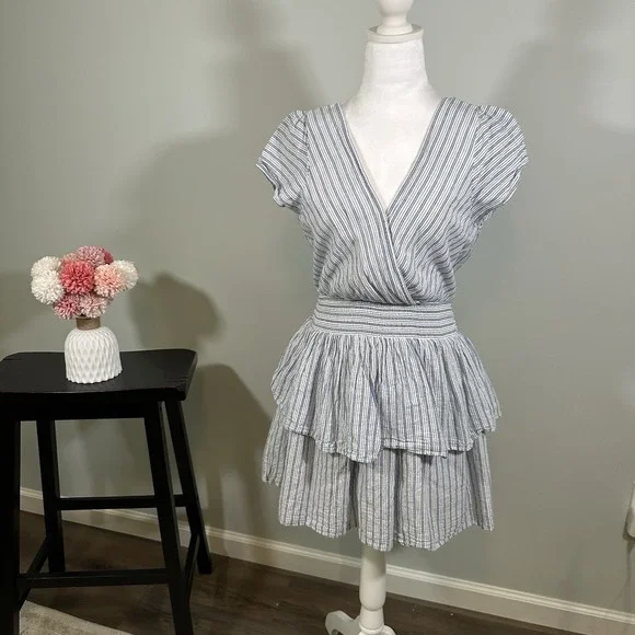 American Eagle Two Ruffle Dress Blue Stripe Size Small Deep V - Picture 5 of 7